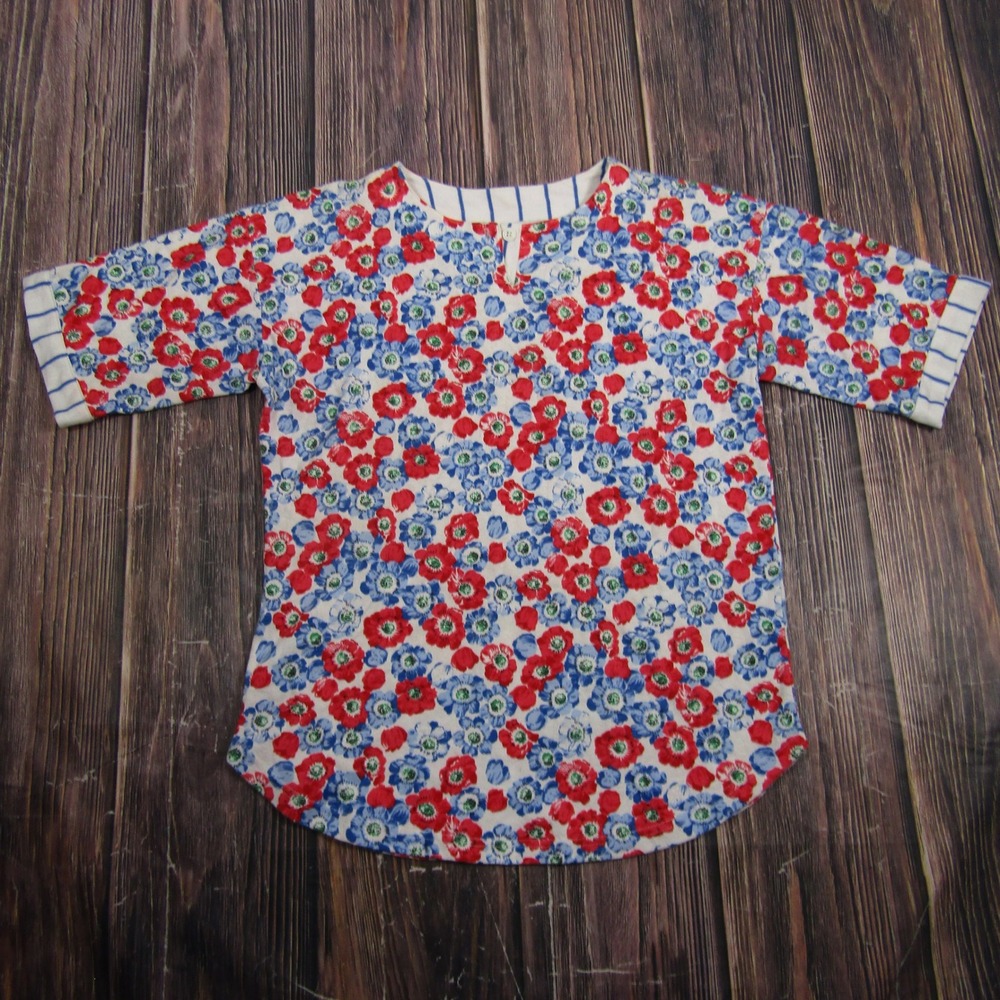 Koret Floral Top Women M Blue Red Poppy Print Striped Cuff Vintage Granny USA